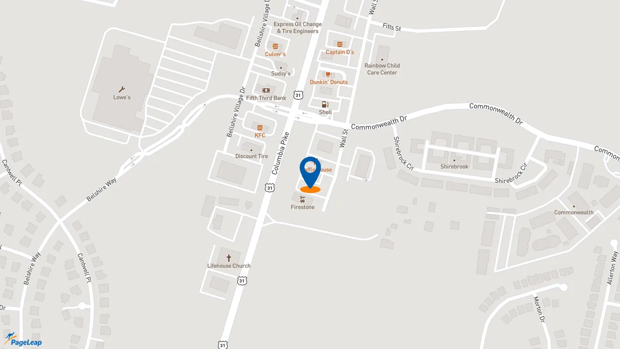 https://pageleap.com map showing location of Popeyes Louisiana Kitchen - Closed in Spring Hill.