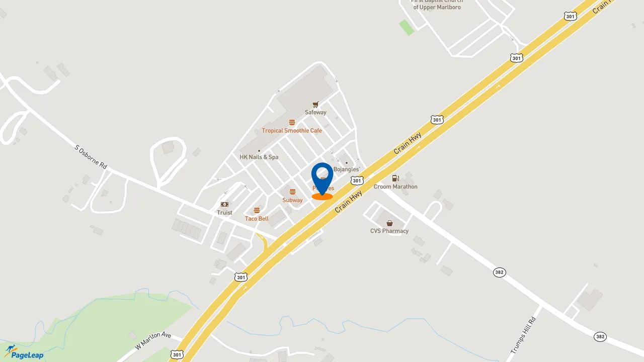 https://pageleap.com map showing location of Popeyes Louisiana Kitchen in Upper Marlboro.