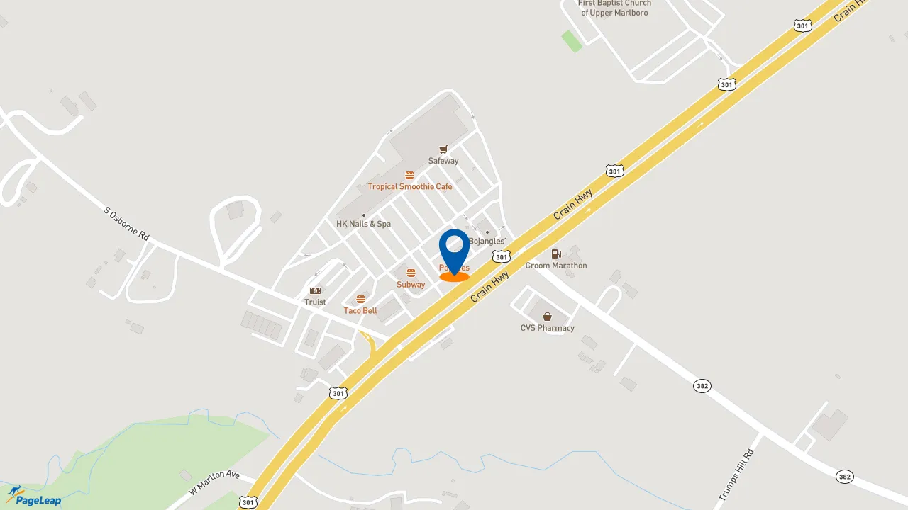 https://pageleap.com map showing location of Popeyes Louisiana Kitchen in Upper Marlboro.