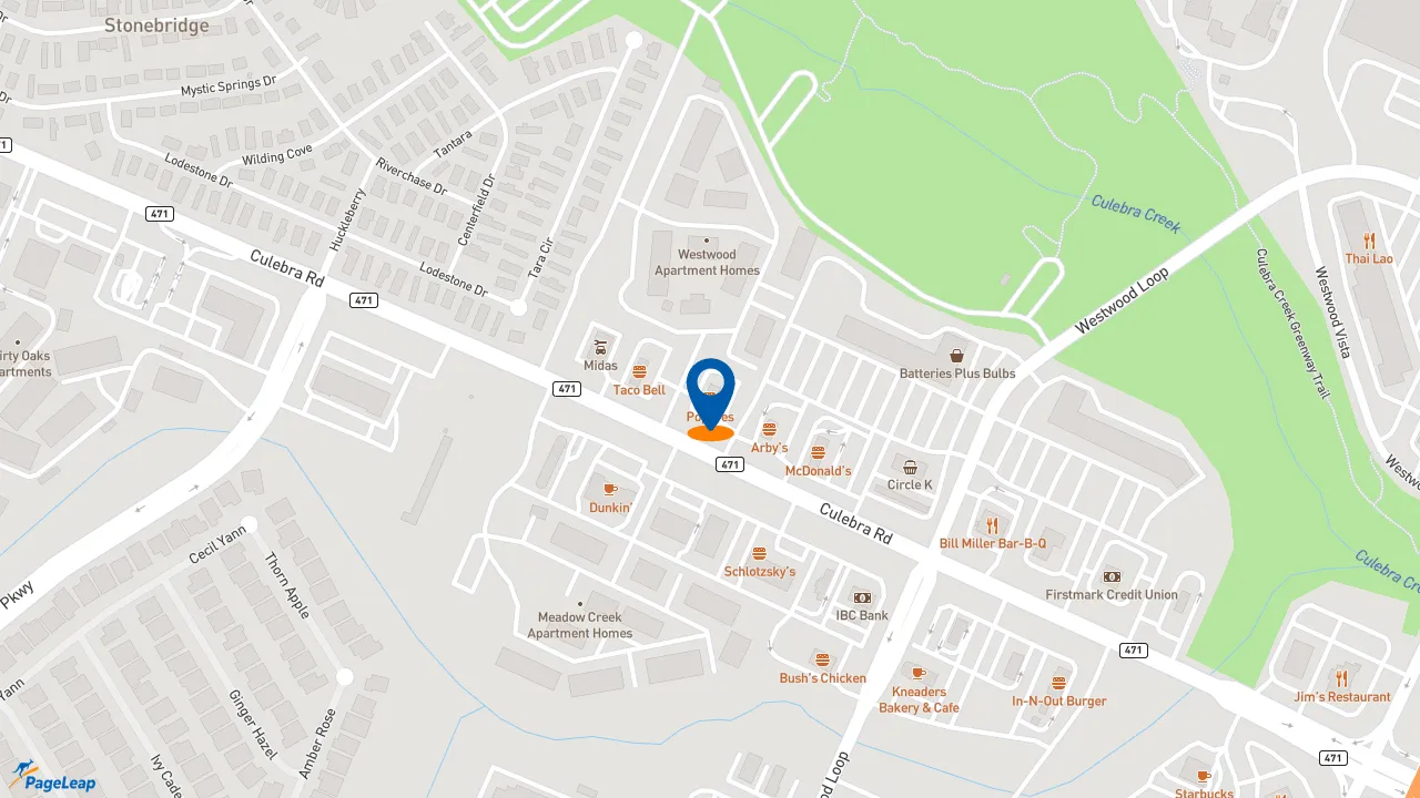 https://pageleap.com map showing location of Popeyes Louisiana Kitchen in San Antonio.