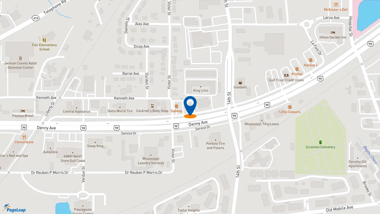 https://pageleap.com map showing location of Popeyes Louisiana Kitchen in Pascagoula.