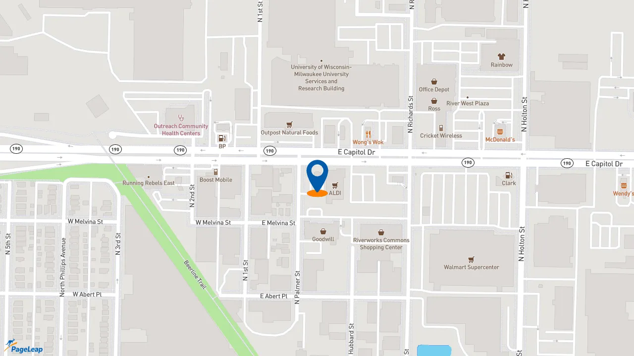PageLeap.com map showing location of Popeyes Louisiana Kitchen in Milwaukee.
