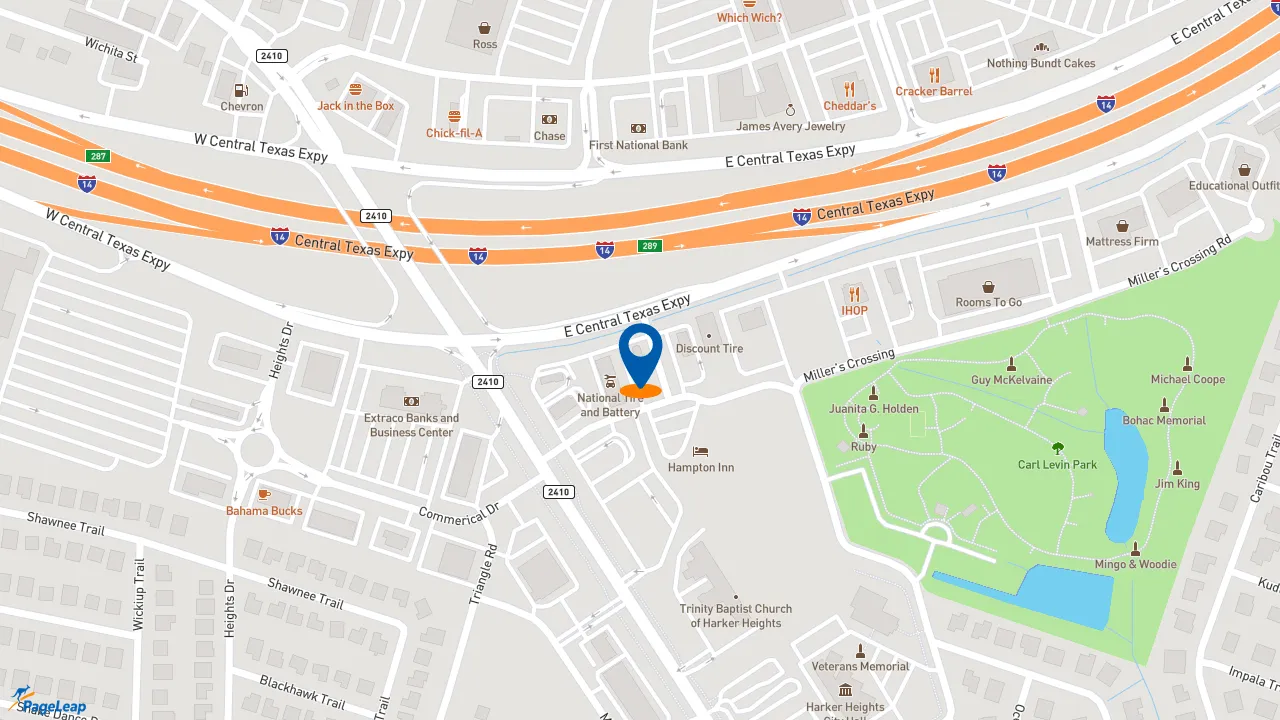 https://pageleap.com map showing location of Popeyes Louisiana Kitchen in Harker Heights.