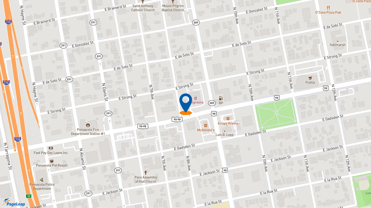 https://pageleap.com map showing location of Popeyes Louisiana Kitchen in Pensacola.