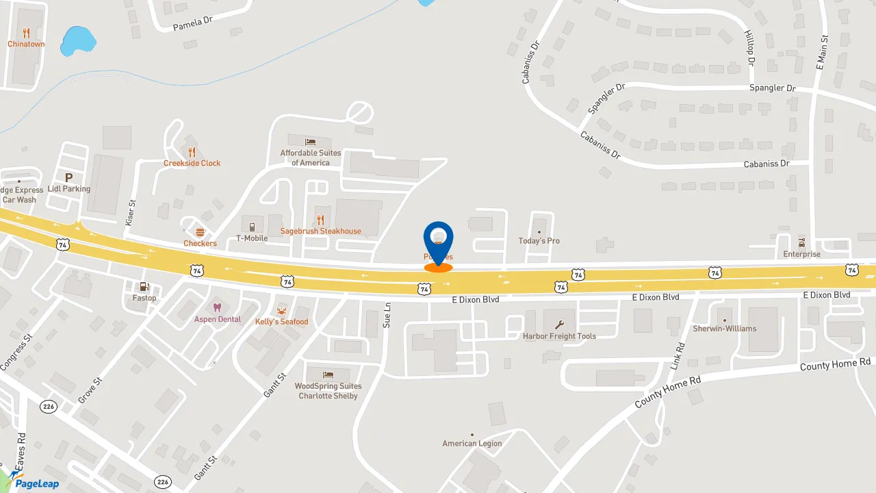 https://pageleap.com map showing location of Popeyes Louisiana Kitchen in Shelby.
