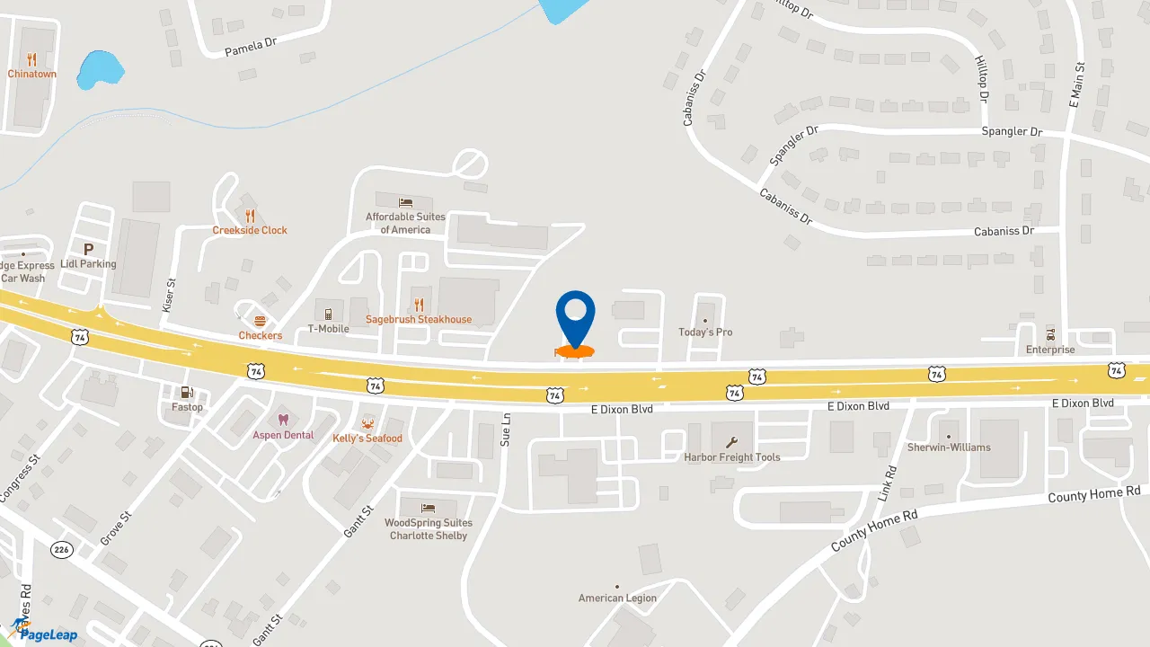 https://pageleap.com map showing location of Popeyes Louisiana Kitchen in Shelby.
