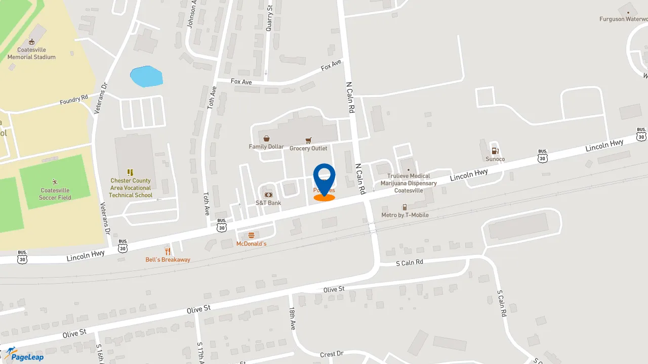 https://pageleap.com map showing location of Popeyes Louisiana Kitchen in Coatesville.