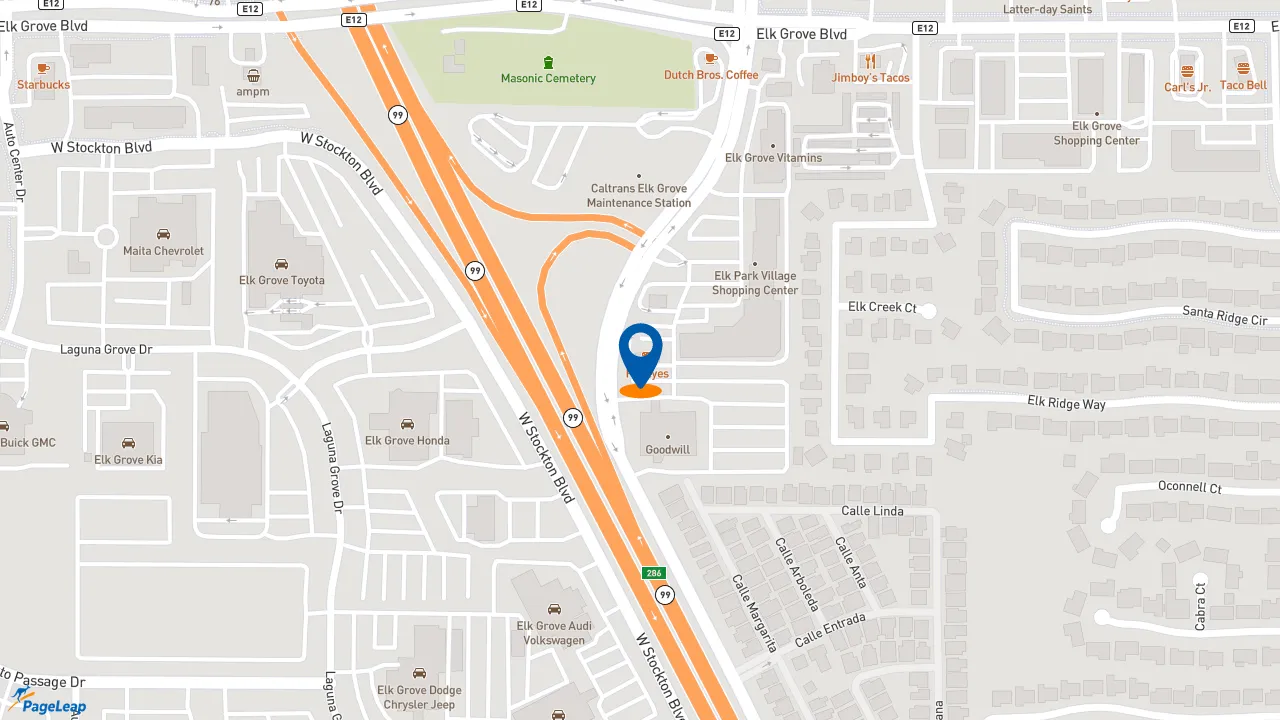 https://pageleap.com map showing location of Popeyes Louisiana Kitchen in Elk Grove.