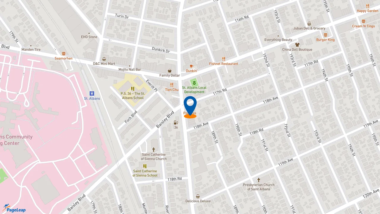 https://pageleap.com map showing location of Popeyes Louisiana Kitchen in Queens.
