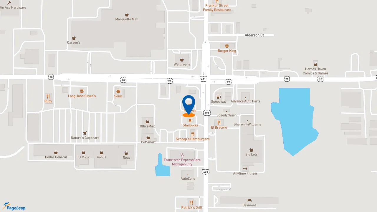 https://pageleap.com map showing location of Popeyes Louisiana Kitchen in Michigan City.