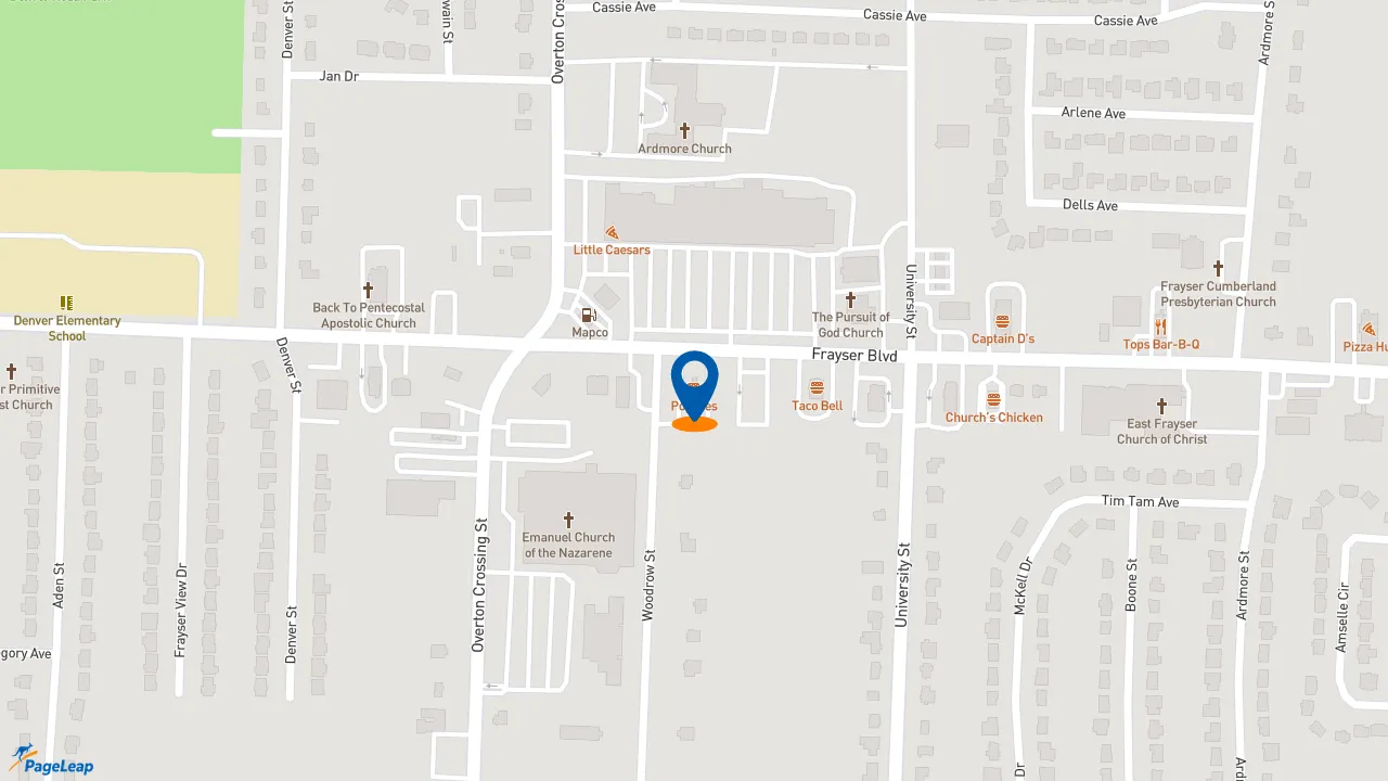 https://pageleap.com map showing location of Popeyes Louisiana Kitchen in Memphis.