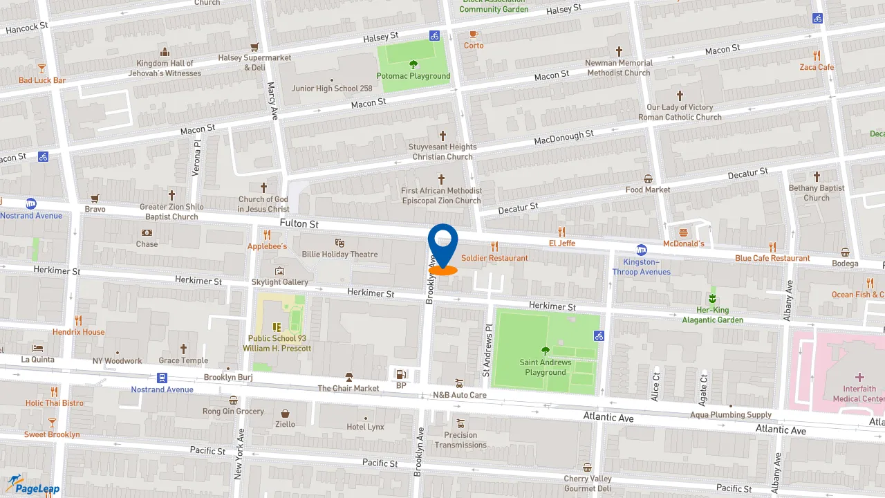 https://pageleap.com map showing location of Popeyes Louisiana Kitchen in Brooklyn.