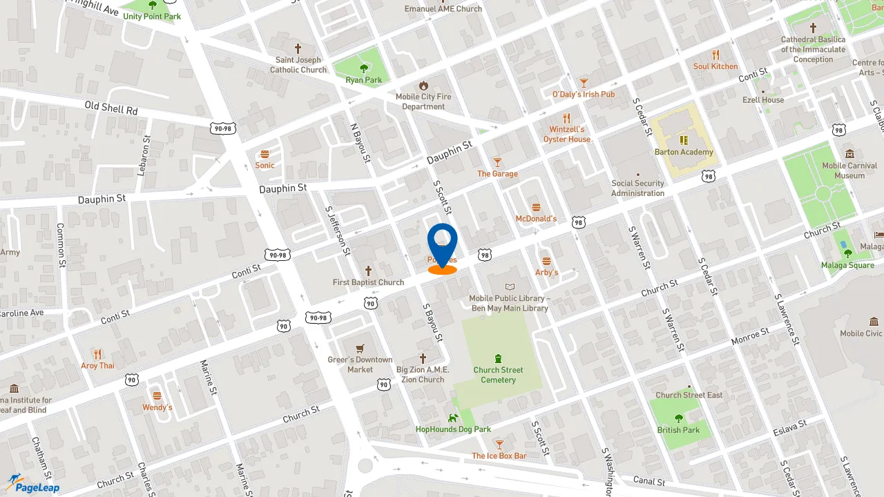 https://pageleap.com map showing location of Popeyes Louisiana Kitchen in Mobile.