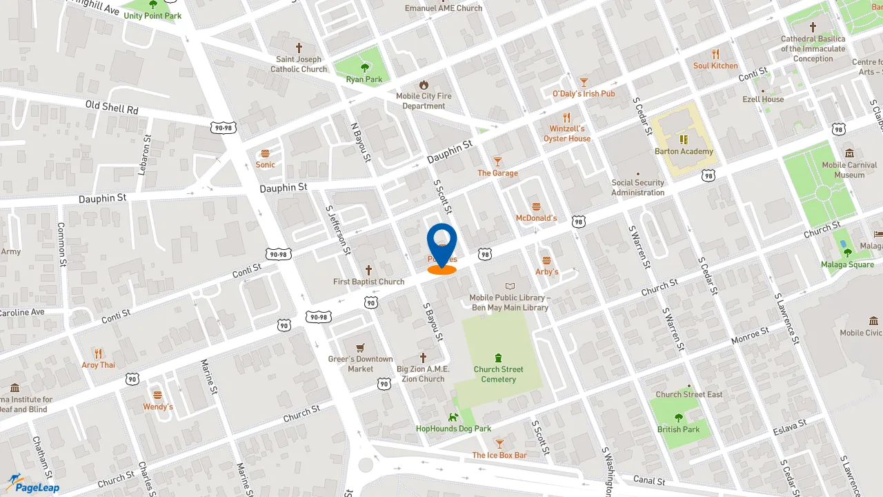 https://pageleap.com map showing location of Popeyes Louisiana Kitchen in Mobile.