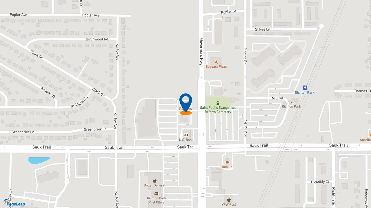 https://pageleap.com map showing location of Popeyes Louisiana Kitchen in Richton Park.