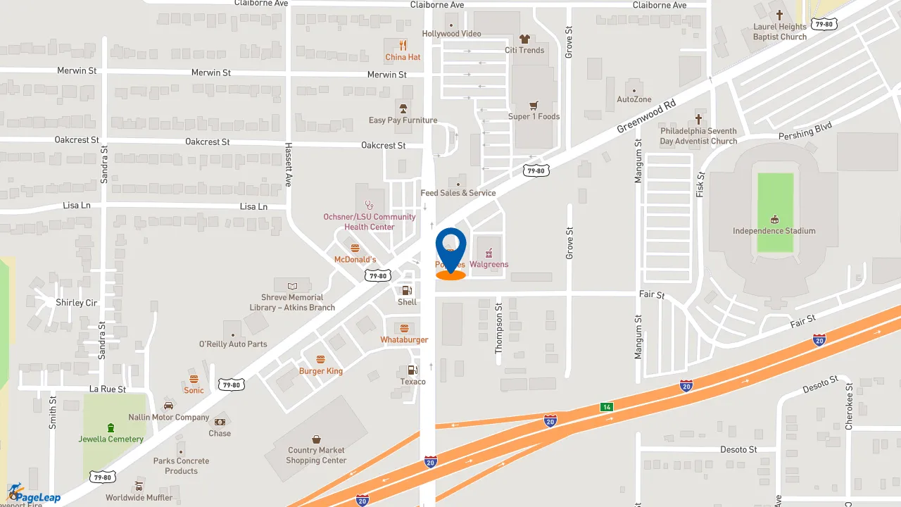 https://pageleap.com map showing location of Popeyes Louisiana Kitchen in Shreveport.