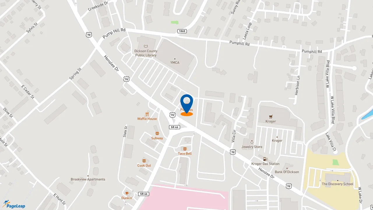https://pageleap.com map showing location of Popeyes Louisiana Kitchen in Dickson.