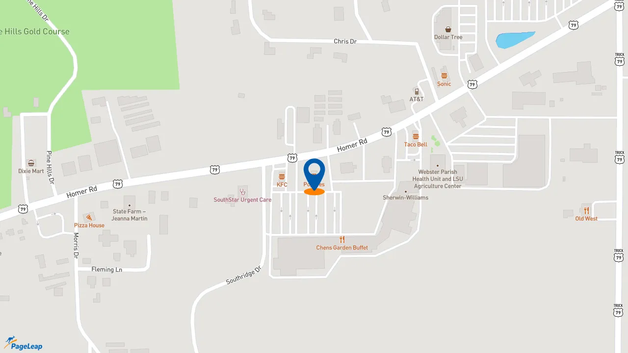 https://pageleap.com map showing location of Popeyes Louisiana Kitchen in Minden.