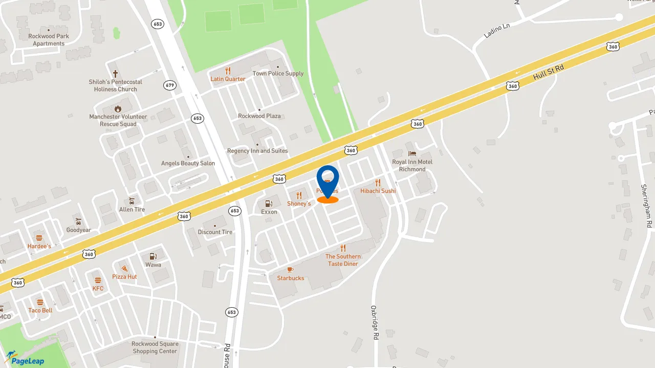 https://pageleap.com map showing location of Popeyes Louisiana Kitchen in Manchester.