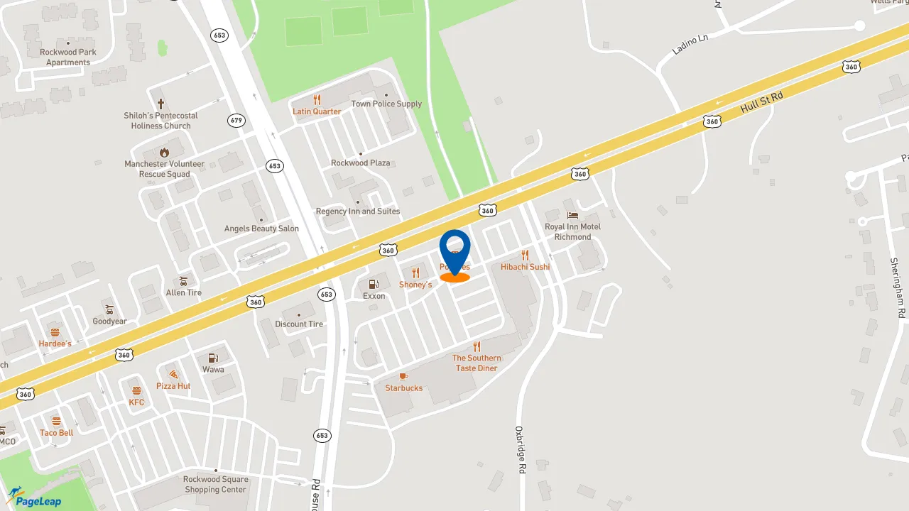 https://pageleap.com map showing location of Popeyes Louisiana Kitchen in North Chesterfield.