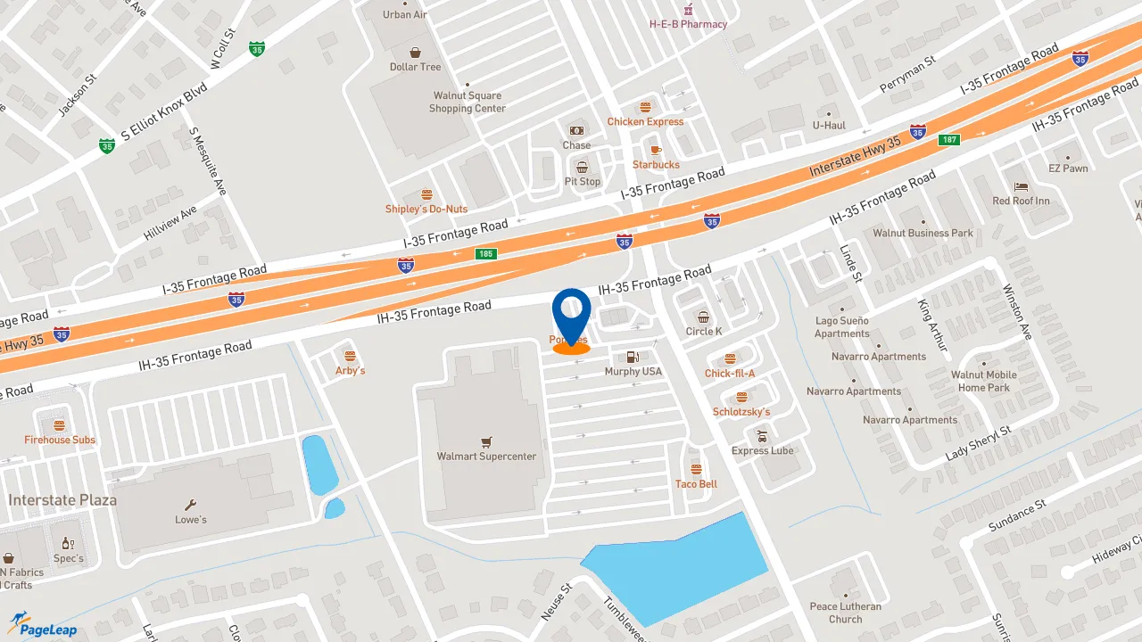 https://pageleap.com map showing location of Popeyes Louisiana Kitchen in New Braunfels.