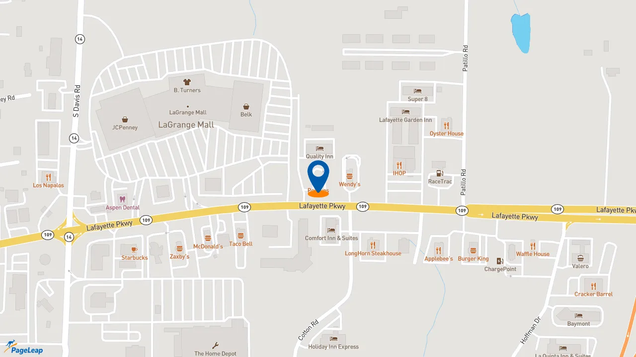 https://pageleap.com map showing location of Popeyes Louisiana Kitchen in La Grange.