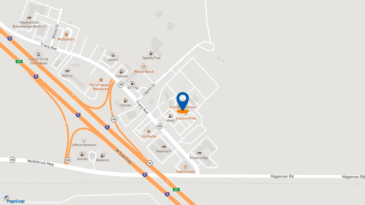 https://pageleap.com map showing location of Popeyes Louisiana Kitchen in Buttonwillow.