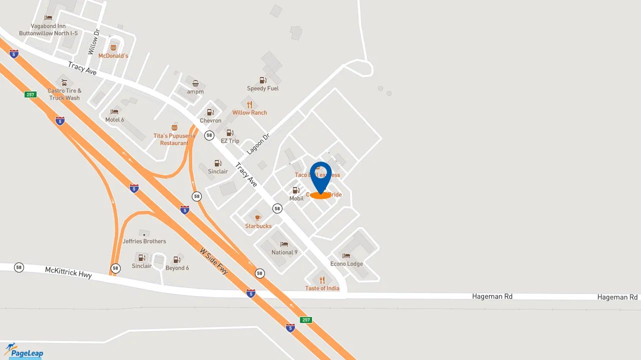 https://pageleap.com map showing location of Popeyes Louisiana Kitchen in Buttonwillow.