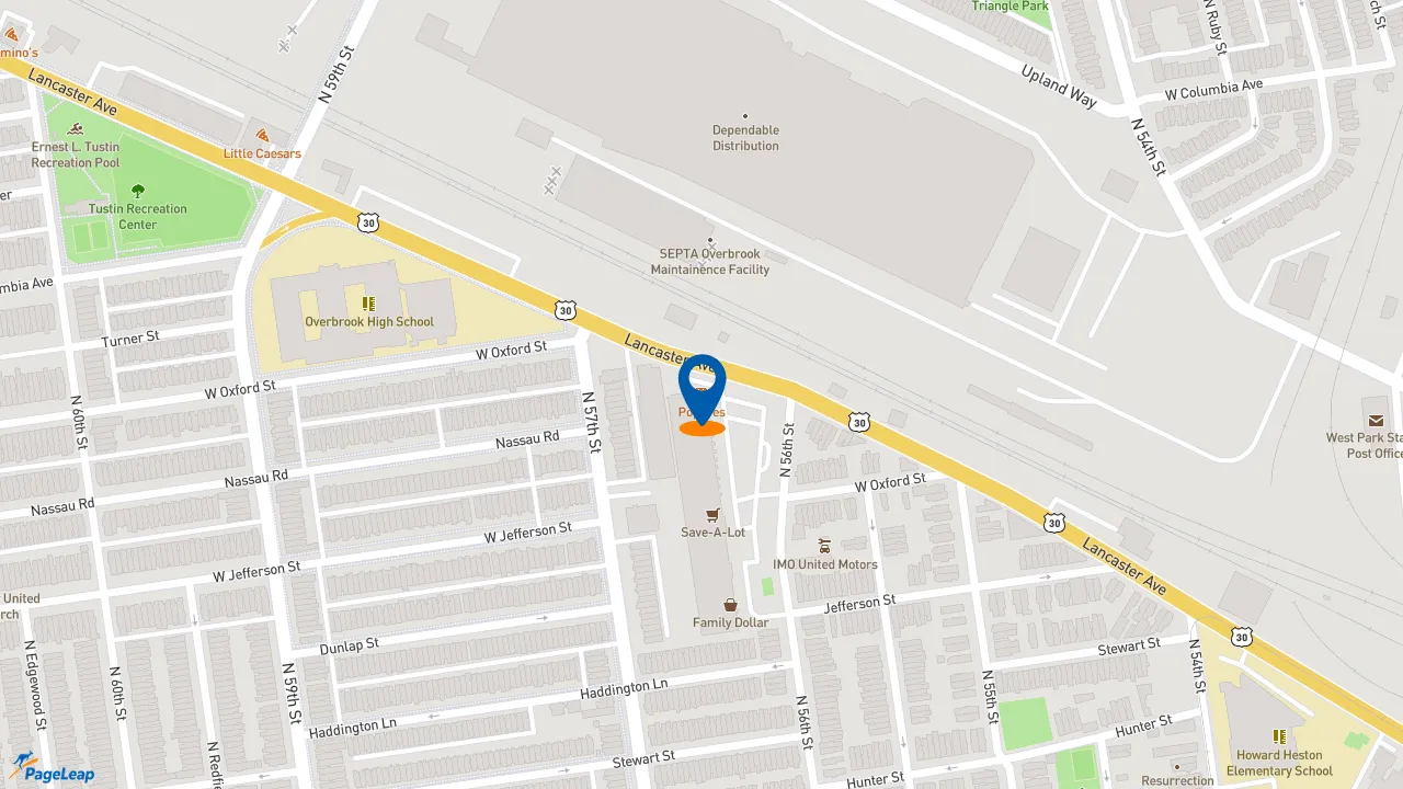 https://pageleap.com map showing location of Popeyes Louisiana Kitchen in Philadelphia.
