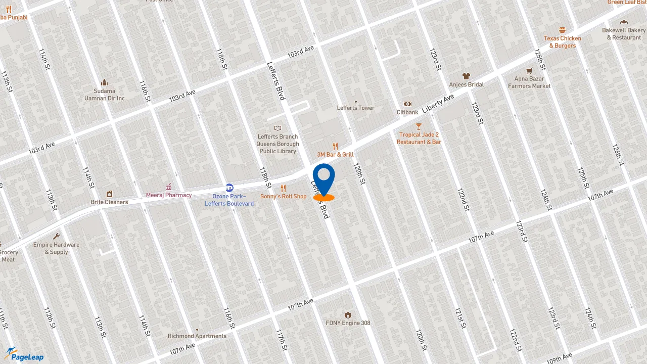 https://pageleap.com map showing location of Popeyes Louisiana Kitchen in Queens.