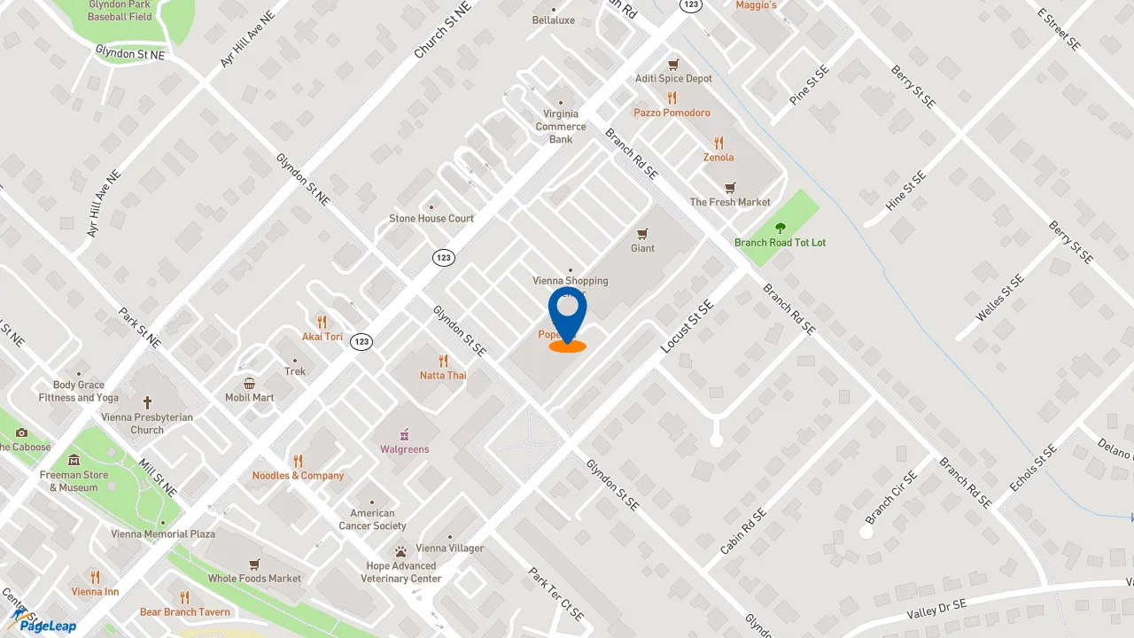 https://pageleap.com map showing location of Popeyes Louisiana Kitchen in Vienna.