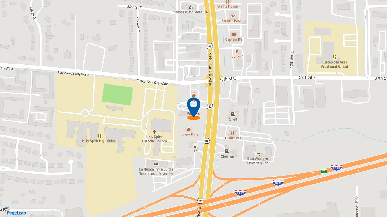https://pageleap.com map showing location of Popeyes Louisiana Kitchen in Tuscaloosa.