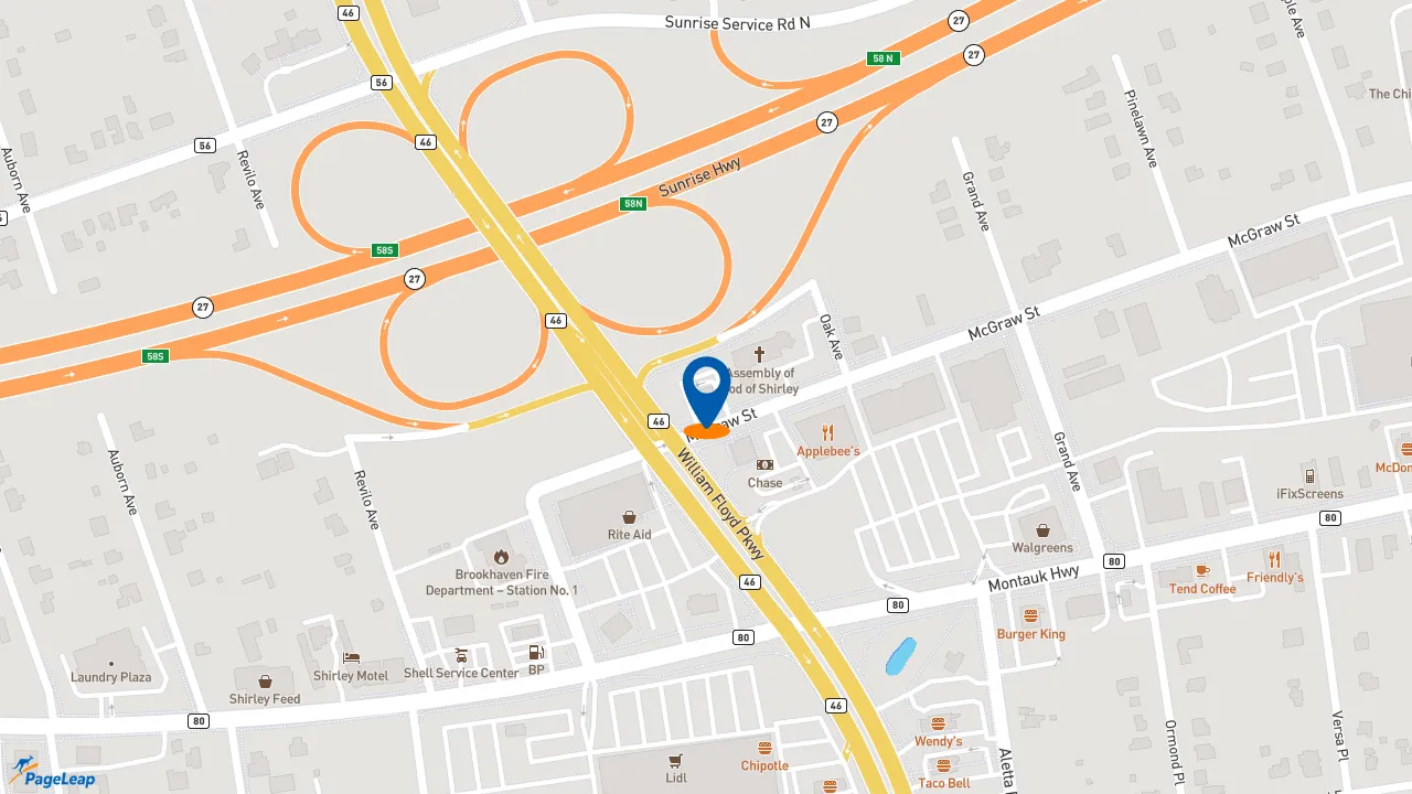 https://pageleap.com map showing location of Popeyes Louisiana Kitchen in Shirley.