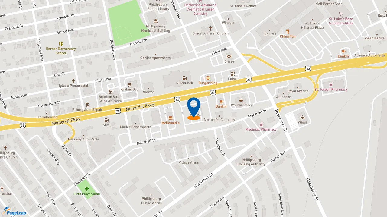 https://pageleap.com map showing location of Popeyes Louisiana Kitchen in Phillipsburg.
