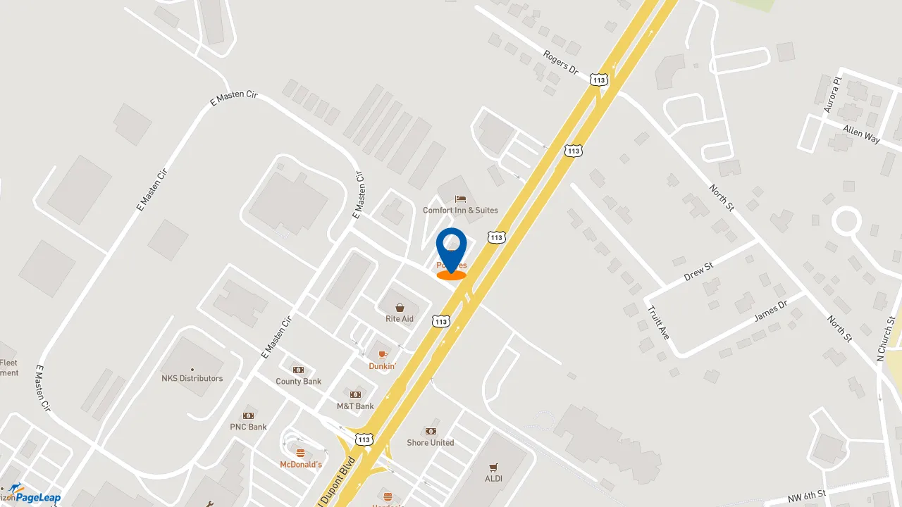 https://pageleap.com map showing location of Popeyes Louisiana Kitchen in Milford.