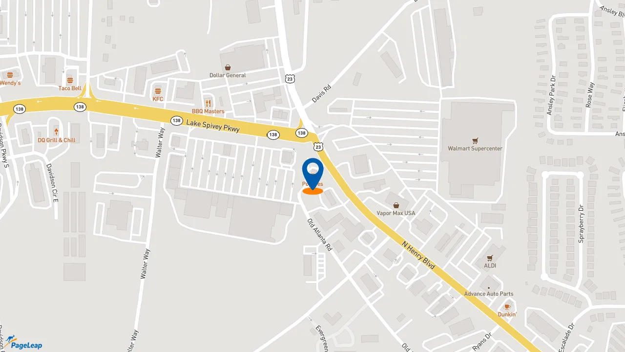 https://pageleap.com map showing location of Popeyes Louisiana Kitchen in Stockbridge.