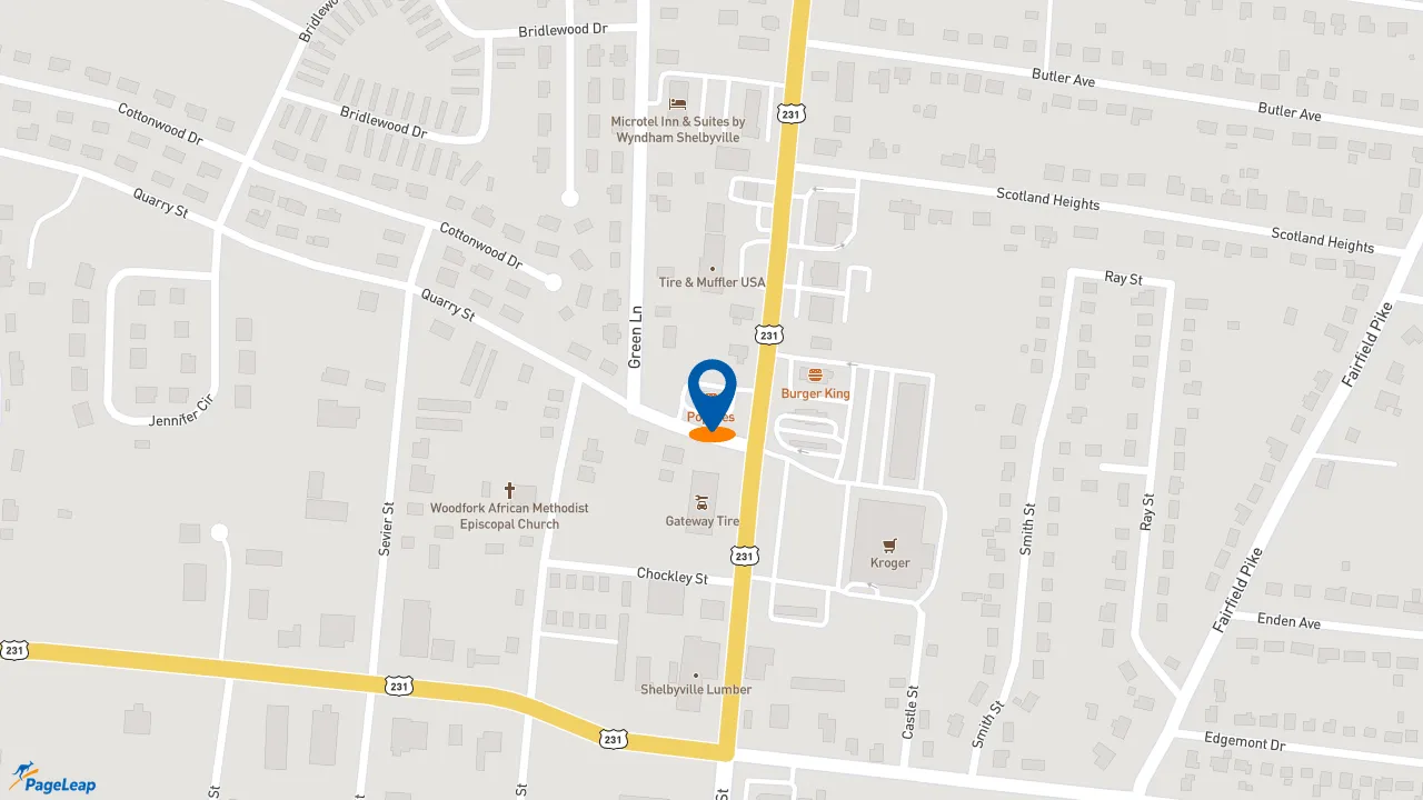 https://pageleap.com map showing location of Popeyes Louisiana Kitchen in Shelbyville.
