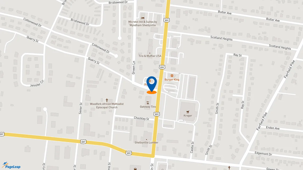 https://pageleap.com map showing location of Popeyes Louisiana Kitchen in Shelbyville.