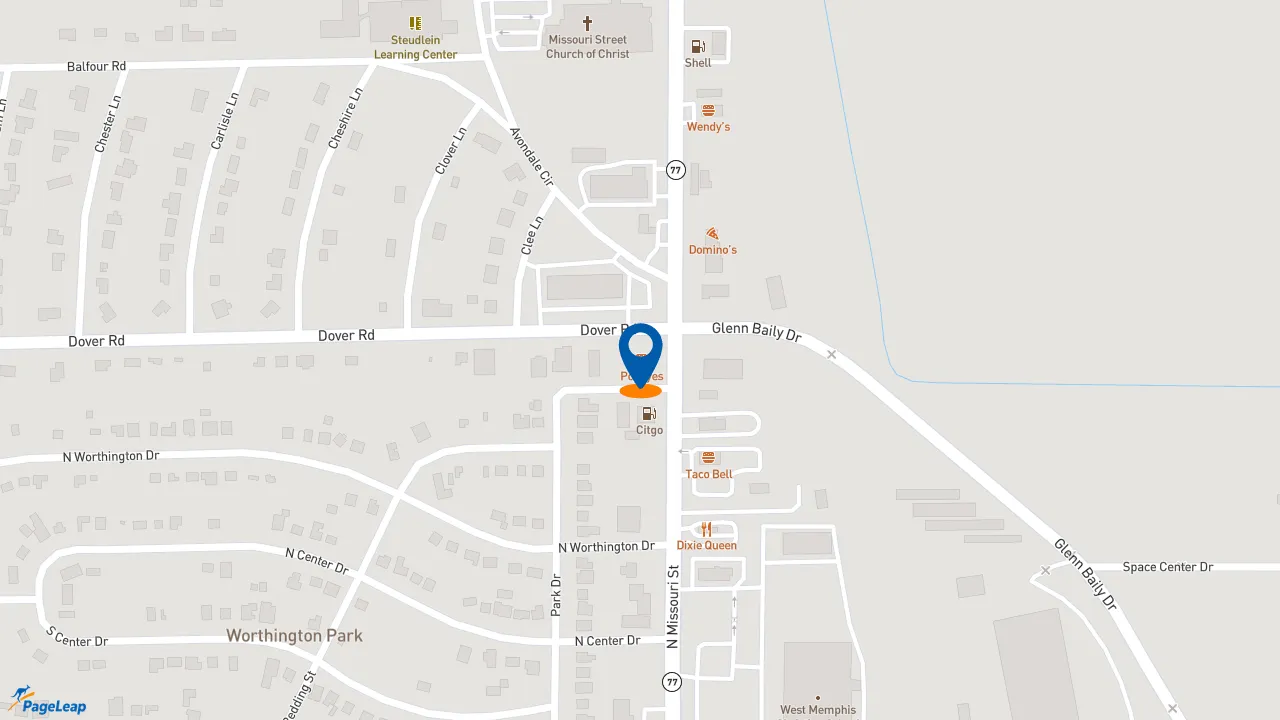 https://pageleap.com map showing location of Popeyes Louisiana Kitchen in West Memphis.
