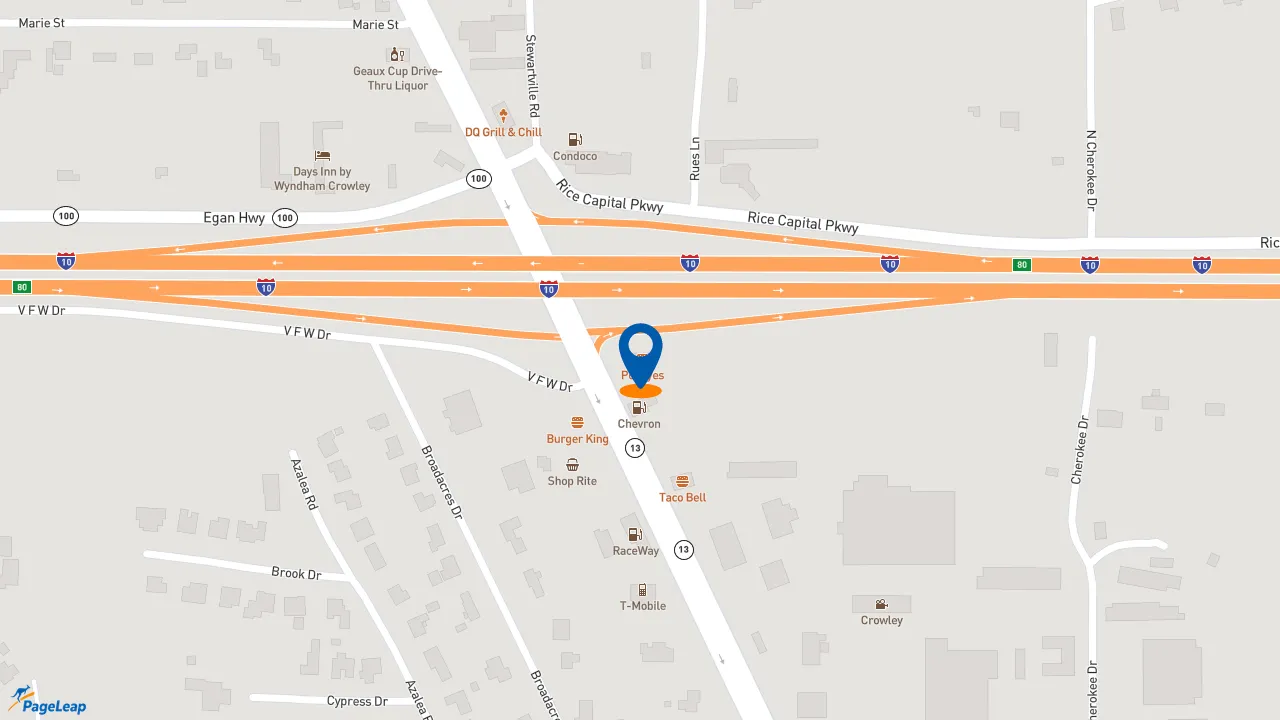 https://pageleap.com map showing location of Popeyes Louisiana Kitchen in Crowley.