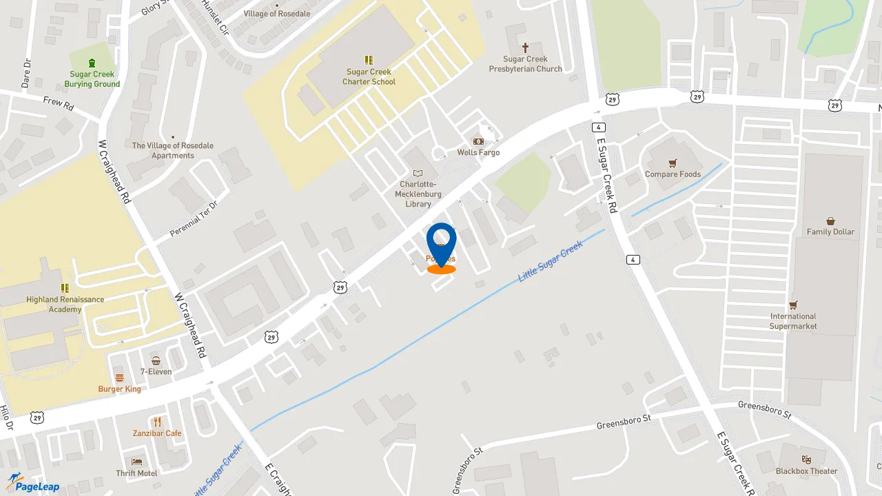 https://pageleap.com map showing location of Popeyes Louisiana Kitchen in Charlotte.