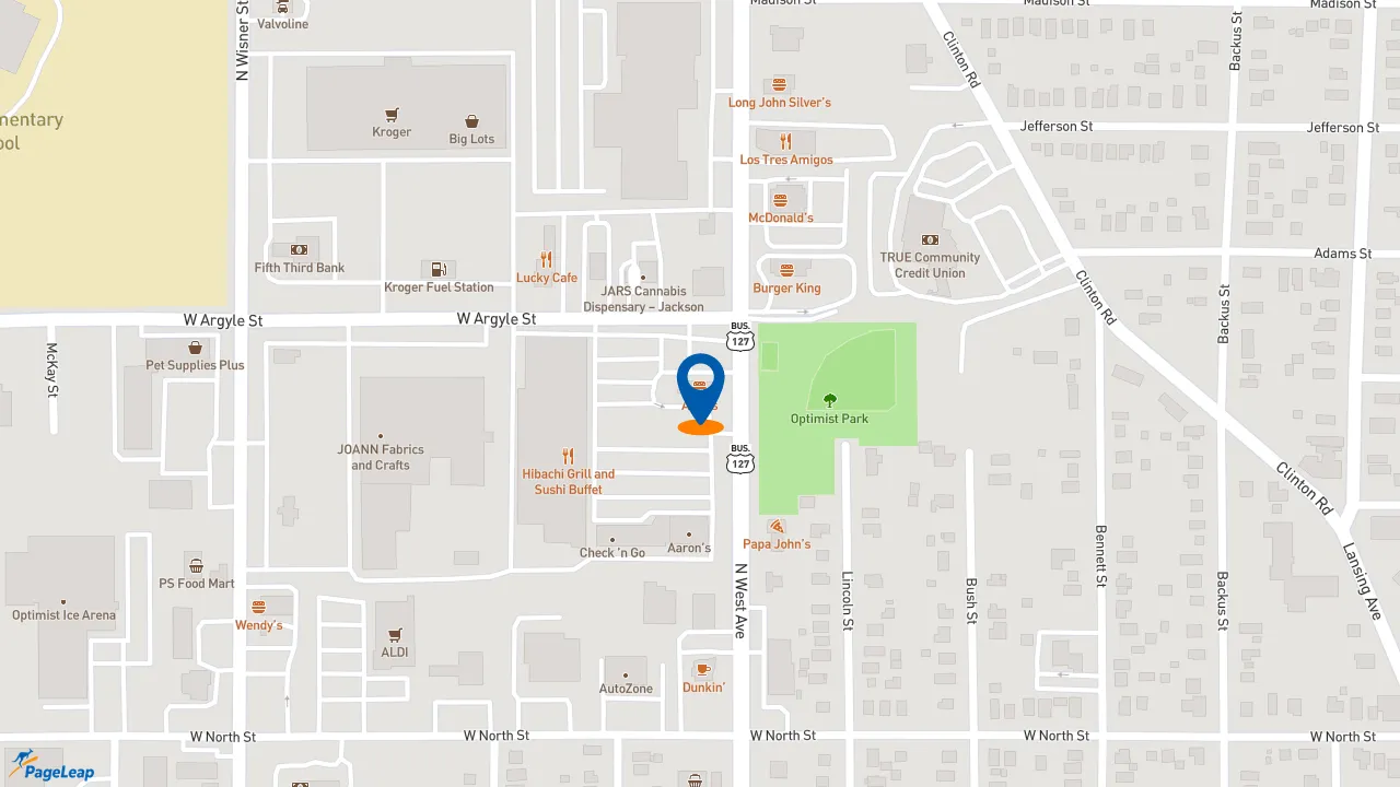 https://pageleap.com map showing location of Popeyes Louisiana Kitchen in Jackson.