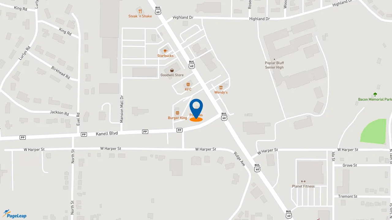 https://pageleap.com map showing location of Popeyes Louisiana Kitchen in Poplar Bluff.