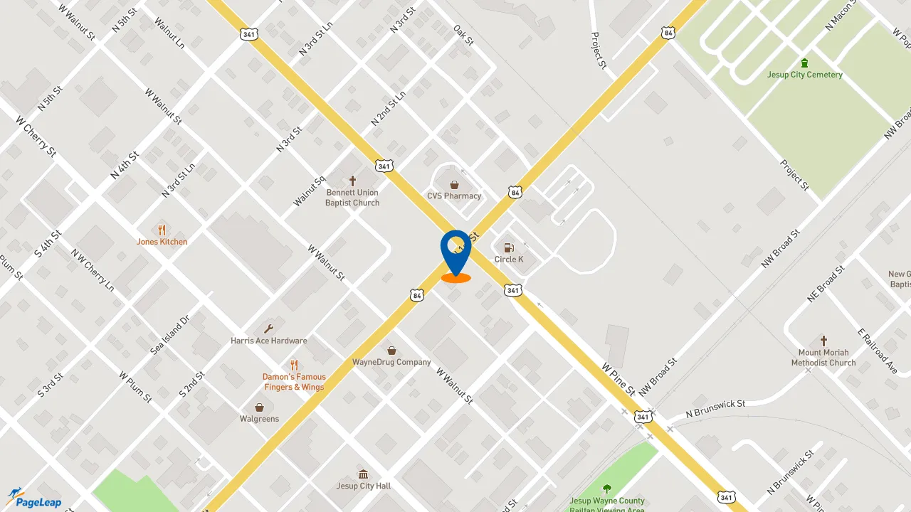 https://pageleap.com map showing location of Popeyes Louisiana Kitchen in Jesup.