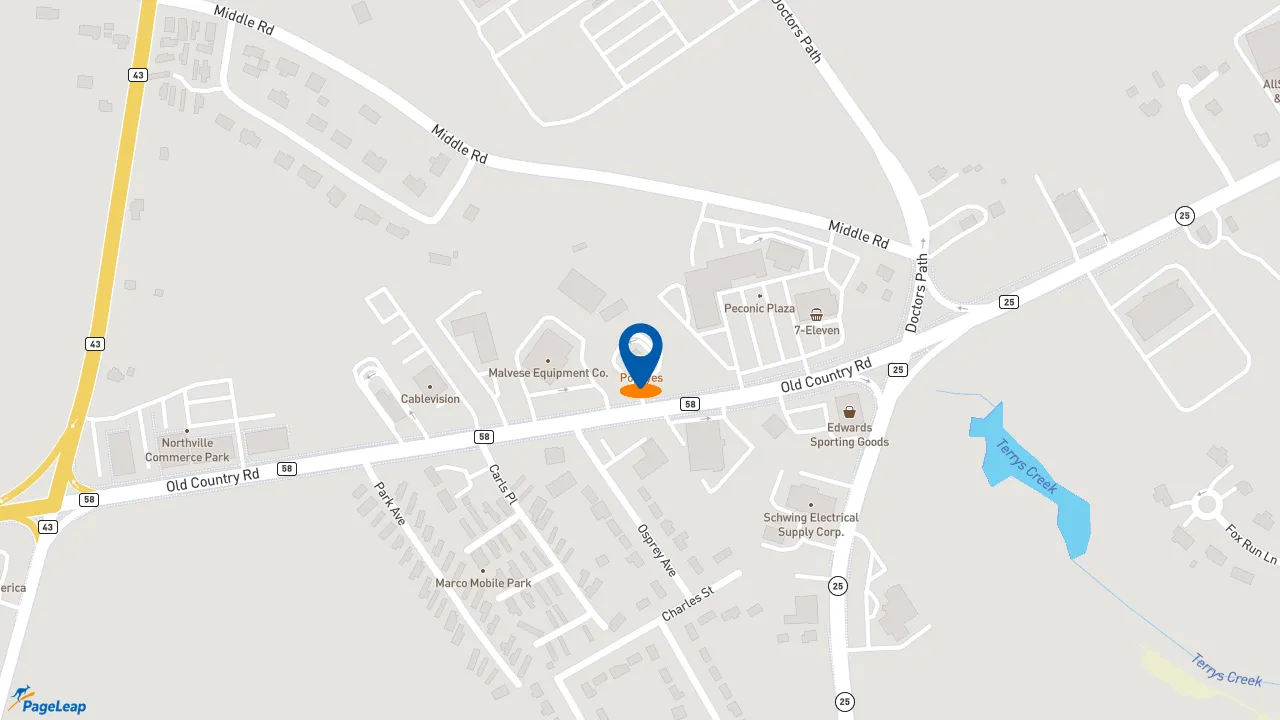 https://pageleap.com map showing location of Popeyes Louisiana Kitchen in Riverhead.