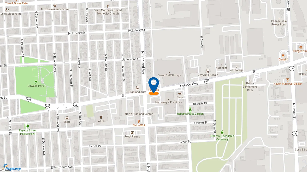 https://pageleap.com map showing location of Popeyes Louisiana Kitchen in Baltimore.