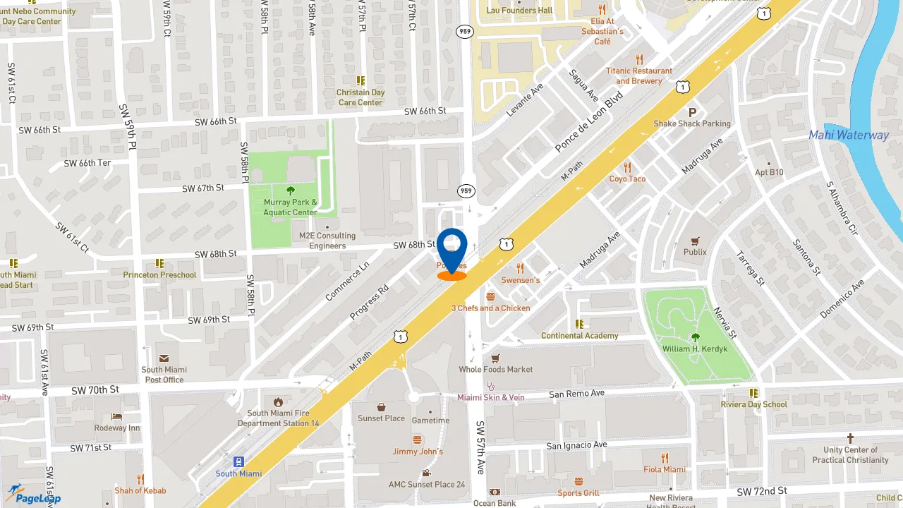 https://pageleap.com map showing location of Popeyes Louisiana Kitchen in South Miami.