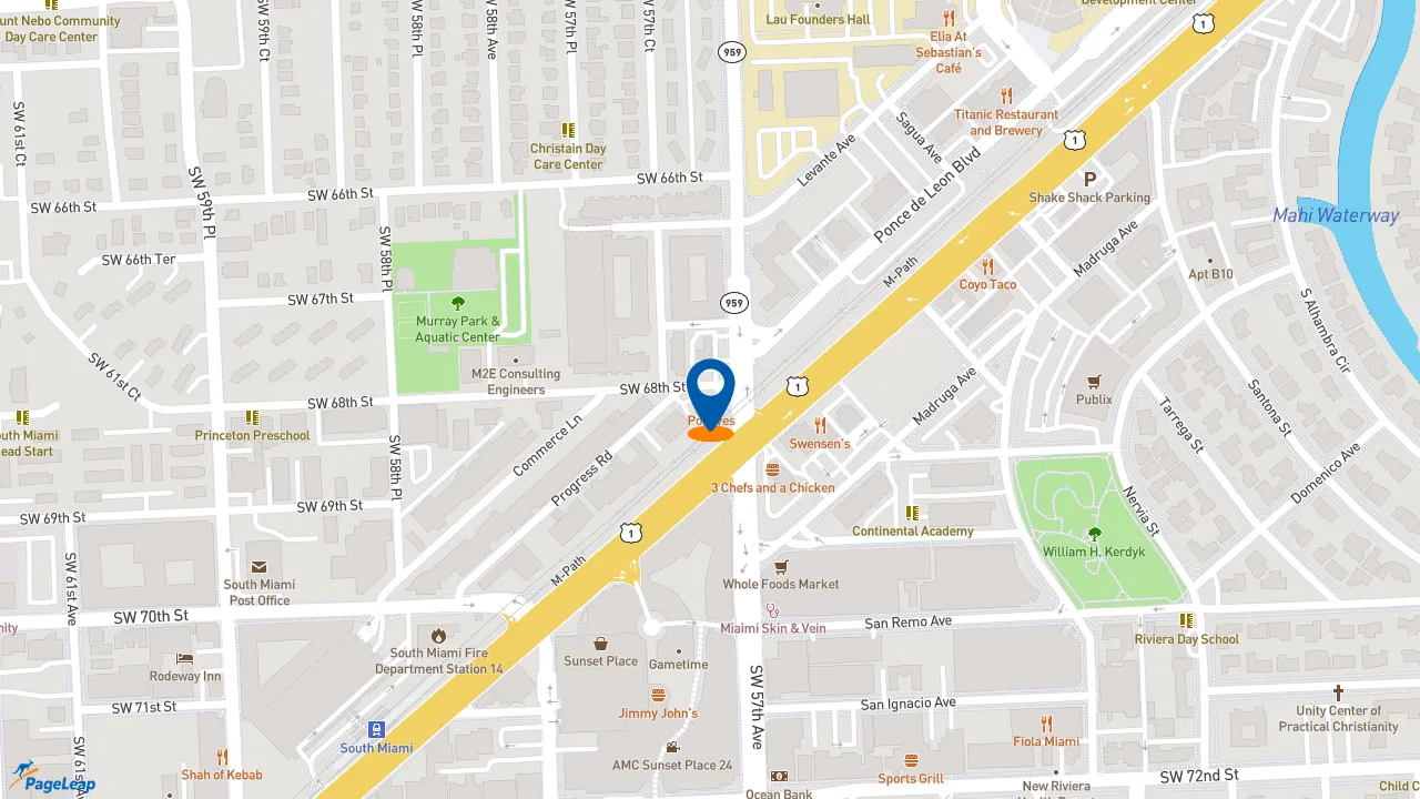 https://pageleap.com map showing location of Popeyes Louisiana Kitchen in South Miami.