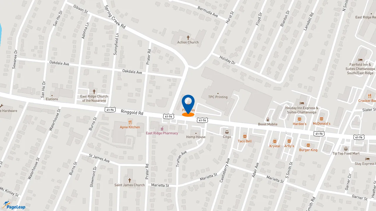 https://pageleap.com map showing location of Popeyes Louisiana Kitchen in East Ridge.