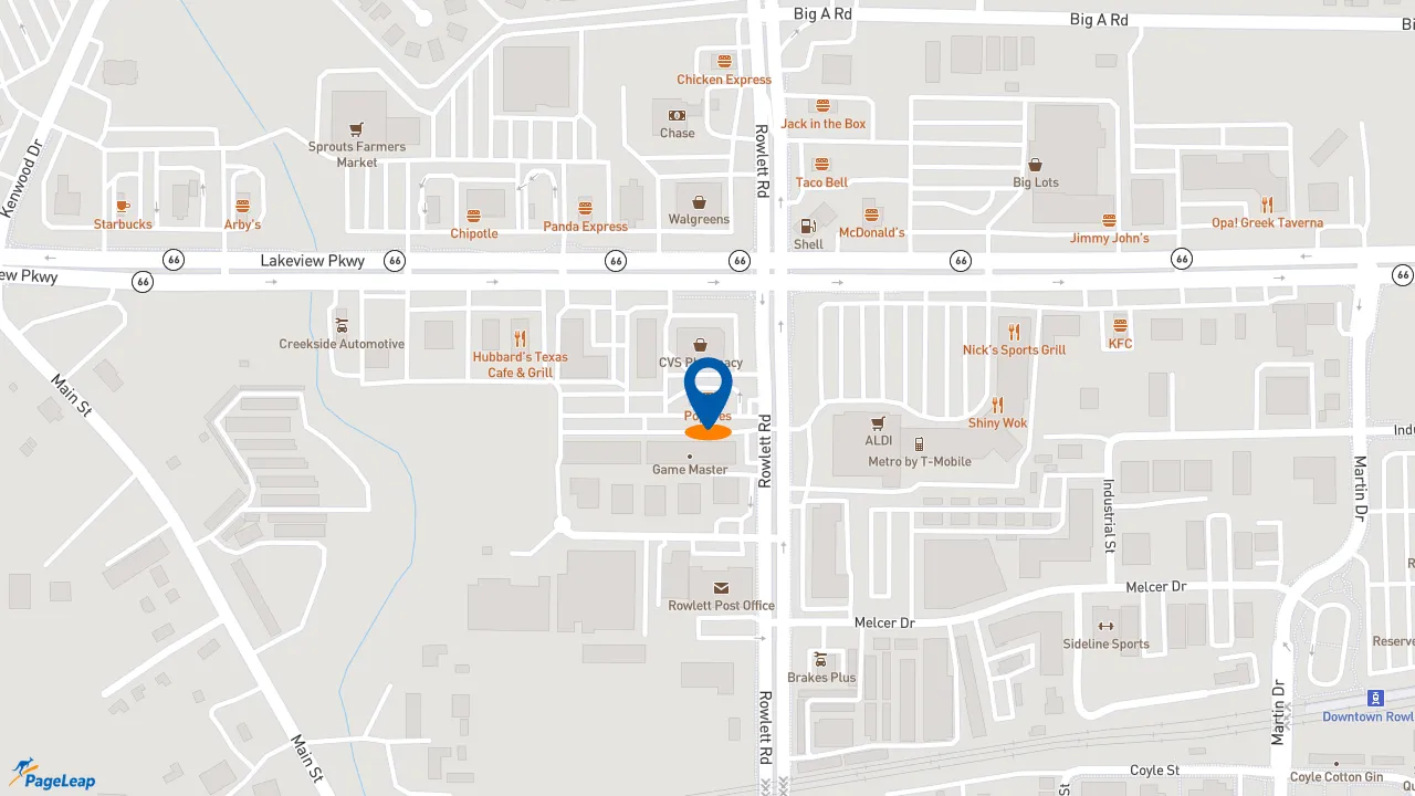 https://pageleap.com map showing location of Popeyes Louisiana Kitchen in Rowlett.